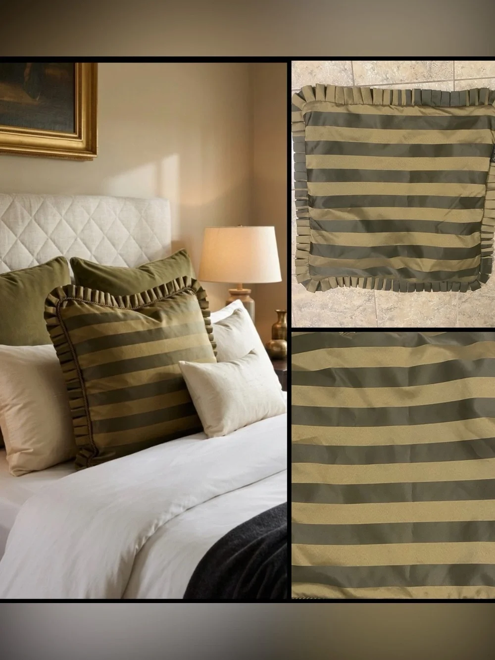 Michael Amini Striped Olive Green Ruffle Trim Luxury Large 27” Pillow Euro Sham